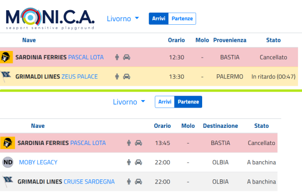 Il tabellone arrivi e partenze del porto di Livorno alle 12,30